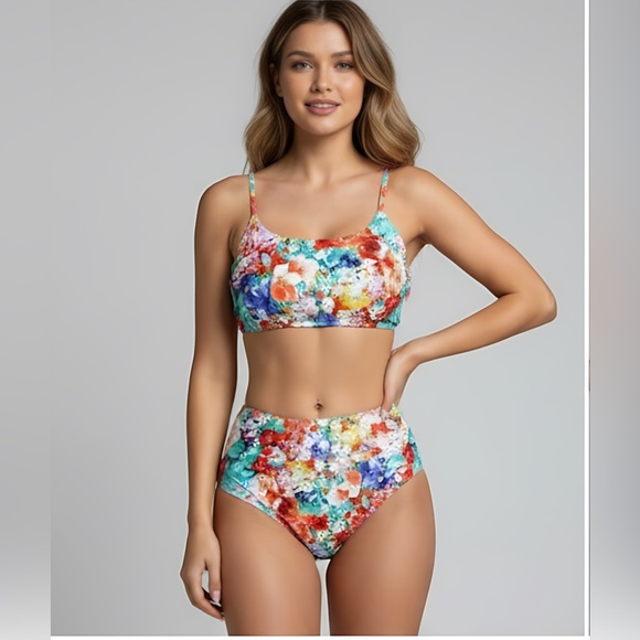 Boho Floral Print High Waisted Bikini Swimsuit - Picture 3 of 8